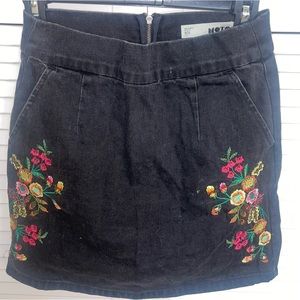 Topshop Black Denim Floral Embroidered Mini Skirt